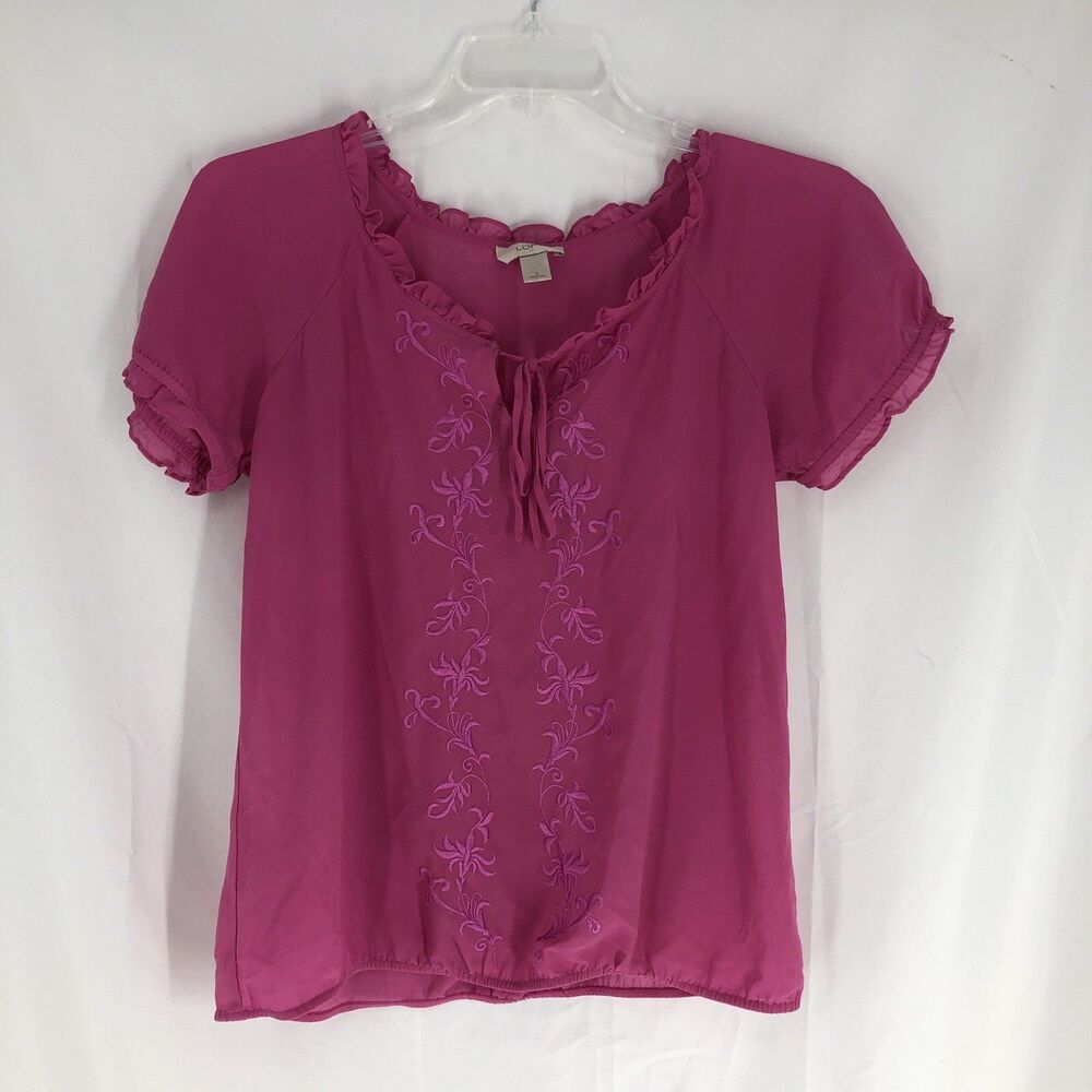 Loft Women's Blouse Peasant Small Pink Short Sleeve V-neck Tie Embroidered
